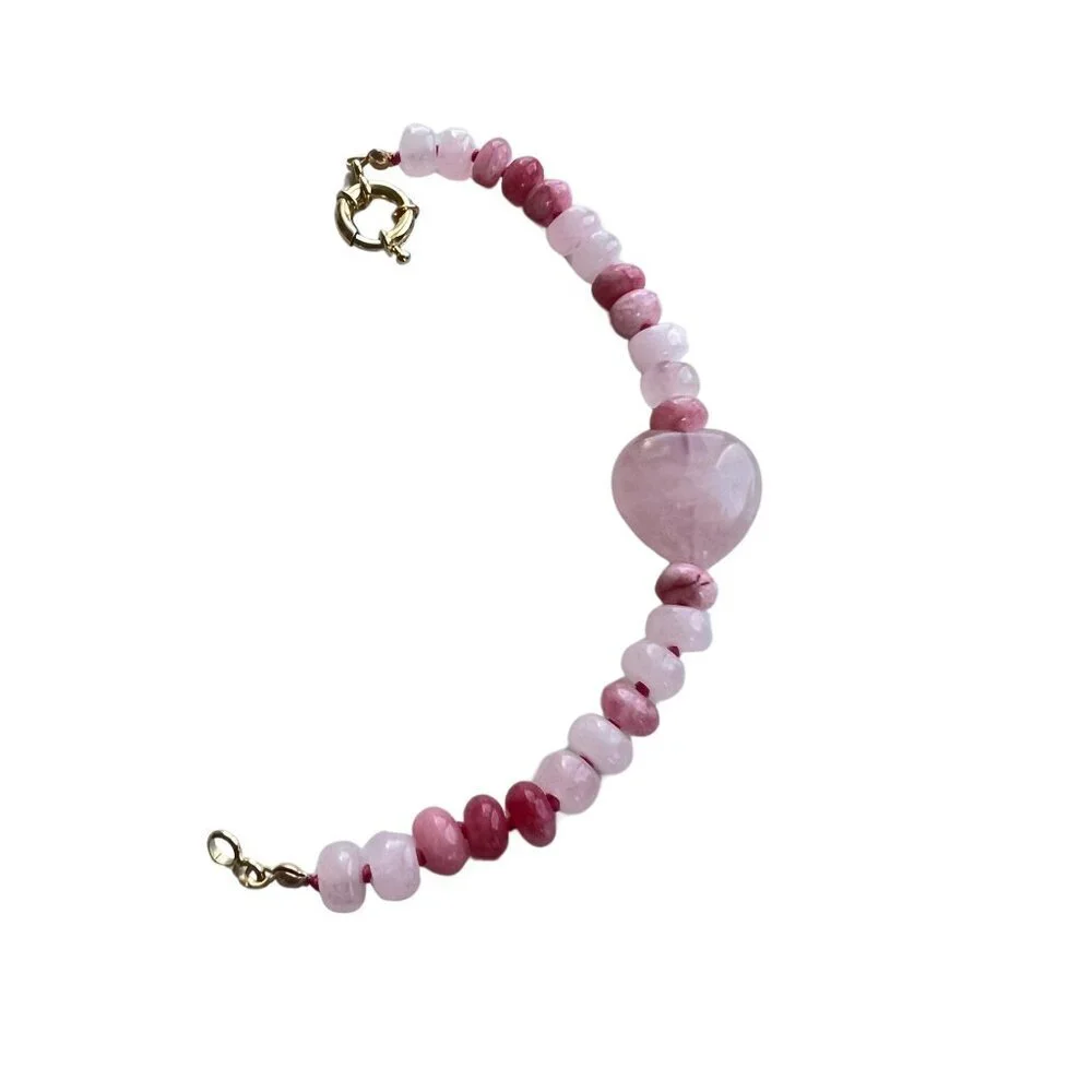 Pink Jade  Rose Quartz Heart Gemstone Bracelet Handcrafted Gold Filled Clasp